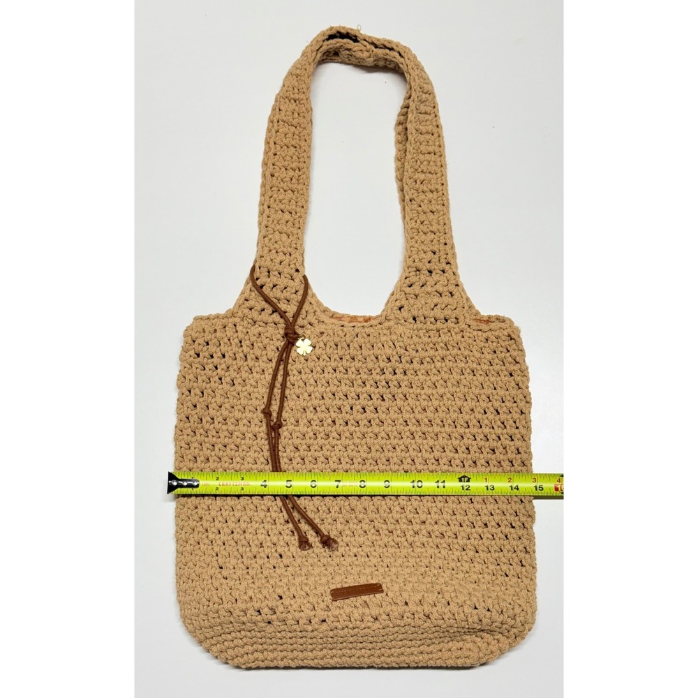 Lucky Brand Tan Crochet Cotton Cording Tote Bag Boho Shoulder Purse clover charm